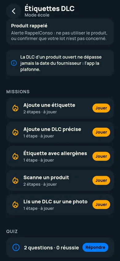 Écran du mode école : missions Étiquettes DLC à jouer
